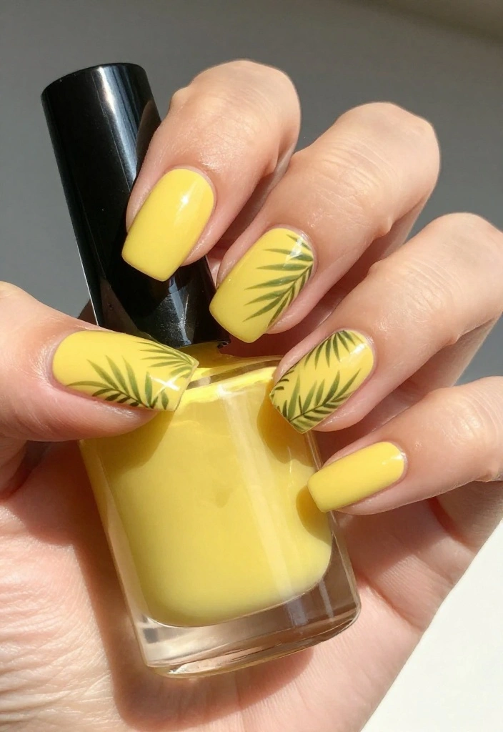 15 Pastel Nail Designs That Will Make Your Summer Shine (You Won't Believe #8!) - 11. Sunshine Yellow with Palm Leaves 1