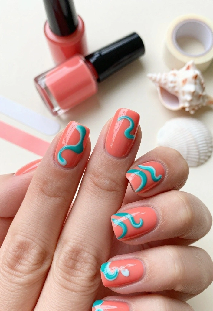 15 Pastel Nail Designs That Will Make Your Summer Shine (You Won't Believe #8!) - 13. Coral and Teal Waves 1
