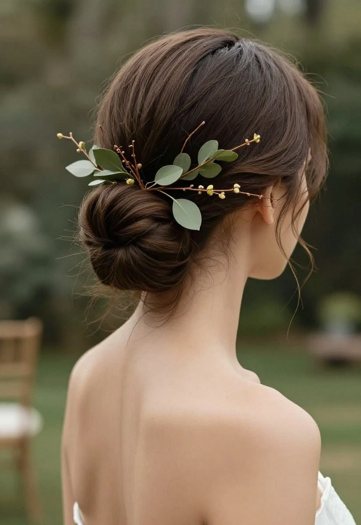 18 Boho Wedding Hairstyles That Will Make You Feel Like a Goddess (Don't Miss #6!) 18 Boho Wedding Hairstyles That Will Make You Feel Like a Goddess (Don't Miss #6!) - 14. Sleek Low Bun with Leaves 1