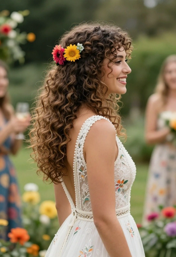 18 Boho Wedding Hairstyles That Will Make You Feel Like a Goddess (Don't Miss #6!) 18 Boho Wedding Hairstyles That Will Make You Feel Like a Goddess (Don't Miss #6!) - 15. Playful Curly Half-Updo 1