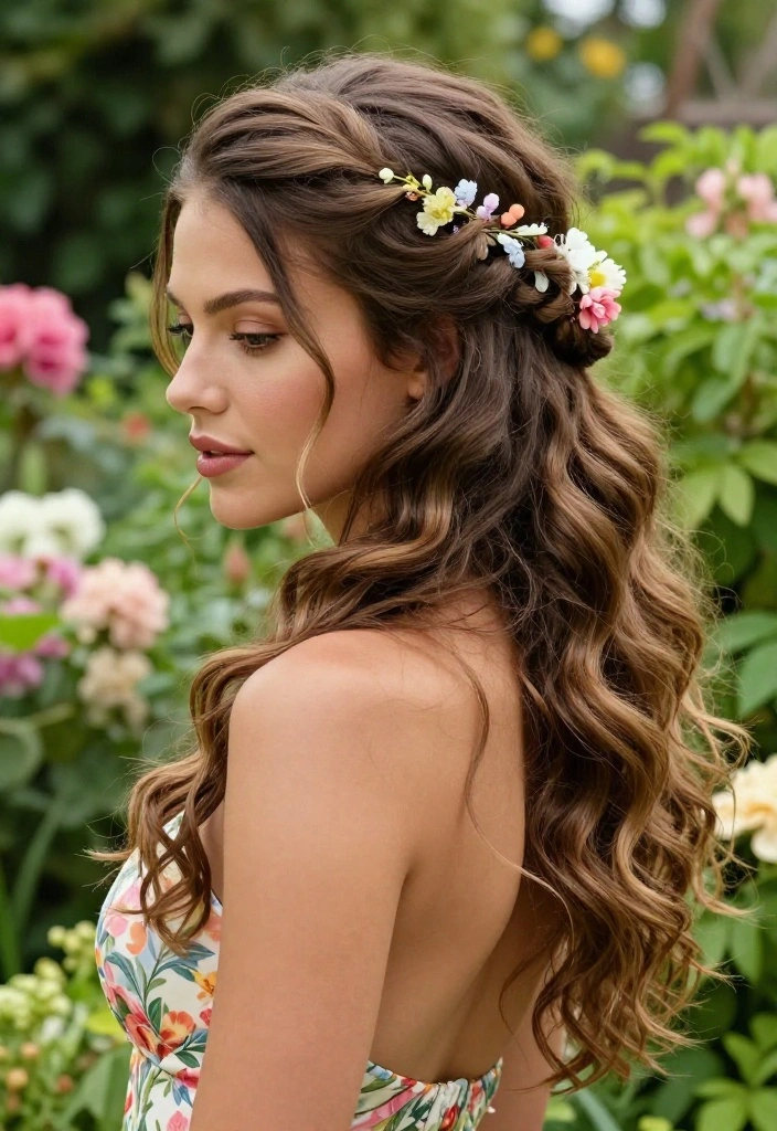 18 Boho Wedding Hairstyles That Will Make You Feel Like a Goddess (Don't Miss #6!) 18 Boho Wedding Hairstyles That Will Make You Feel Like a Goddess (Don't Miss #6!) - 3. Half-Up, Half-Down with Floral Accents 1