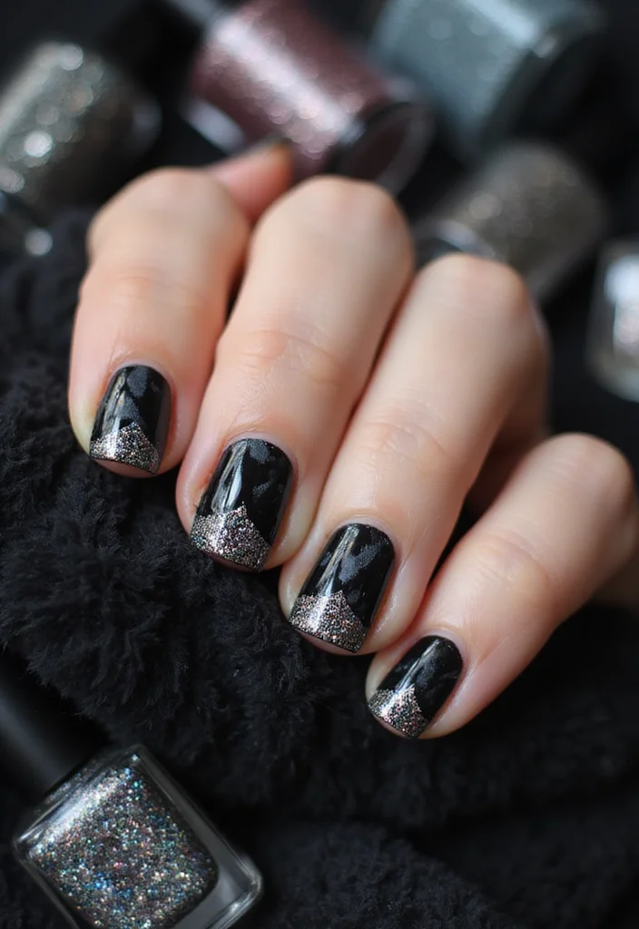 18 Elegant Black Marble Nail Styles That Are Perfect for Any Occasion! - 10. Black Marble with Glitter Tips 1