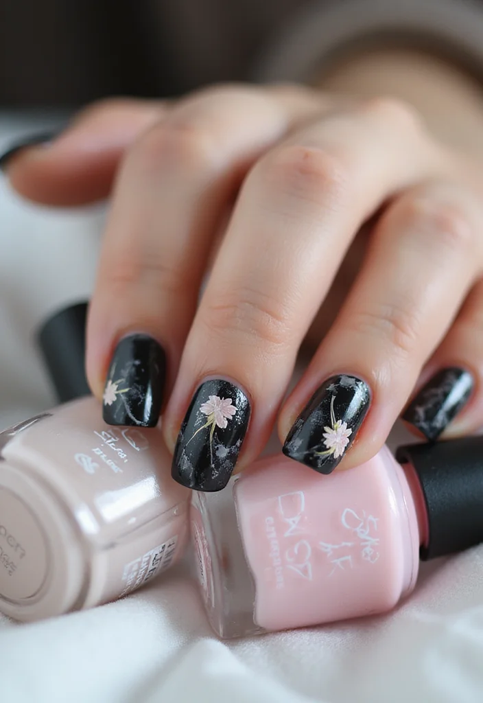 18 Elegant Black Marble Nail Styles That Are Perfect for Any Occasion! - 11. Black Marble with Floral Accents 1