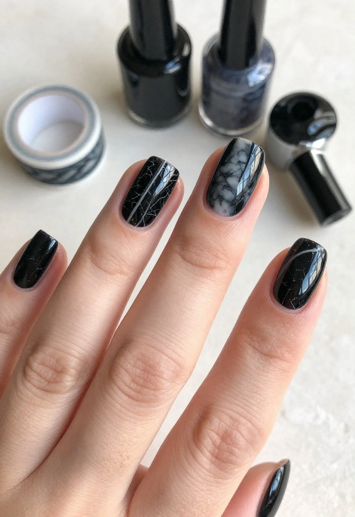 18 Elegant Black Marble Nail Styles That Are Perfect for Any Occasion! - 12. Black Marble with Stripes 1