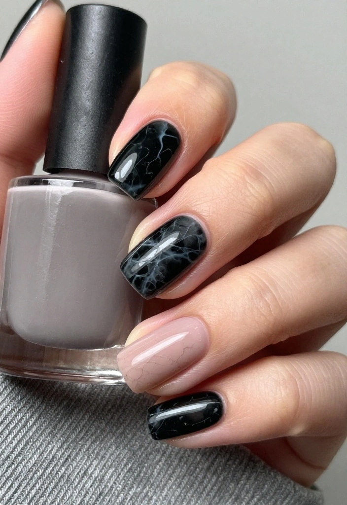 18 Elegant Black Marble Nail Styles That Are Perfect for Any Occasion! - 13. Minimalist Black Marble Nails 1