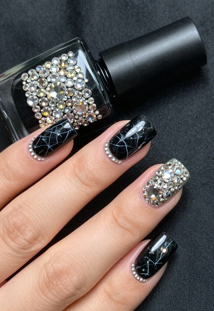 18 Elegant Black Marble Nail Styles That Are Perfect for Any Occasion! - 14. Black Marble with Rhinestones 1