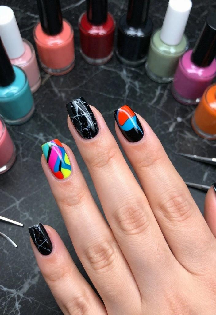 18 Elegant Black Marble Nail Styles That Are Perfect for Any Occasion! - 15. Black Marble with Abstract Designs 1