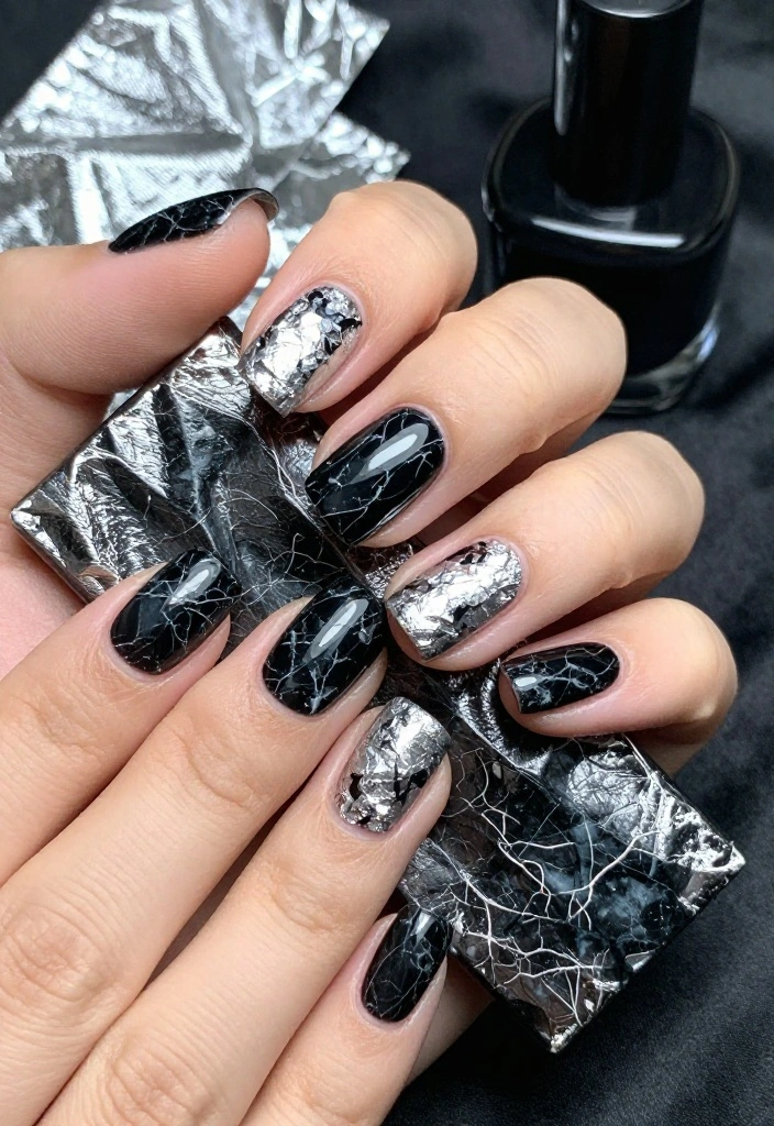 18 Elegant Black Marble Nail Styles That Are Perfect for Any Occasion! - 16. Black Marble and Silver Foil 1