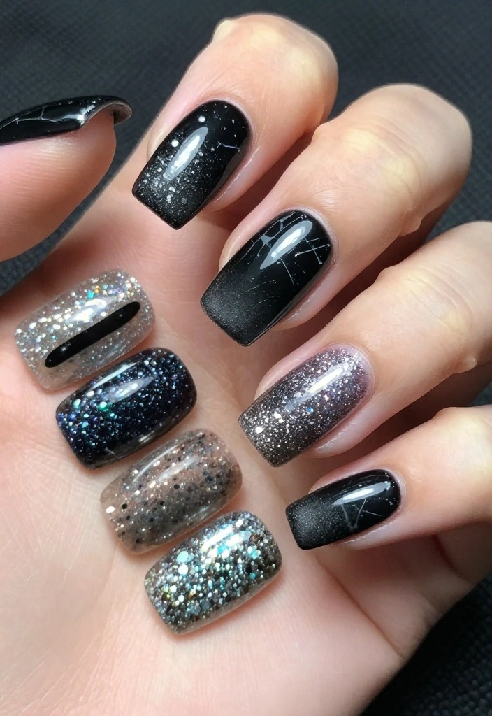 18 Elegant Black Marble Nail Styles That Are Perfect for Any Occasion! - 17. Black Marble with Ombre Glitter 1