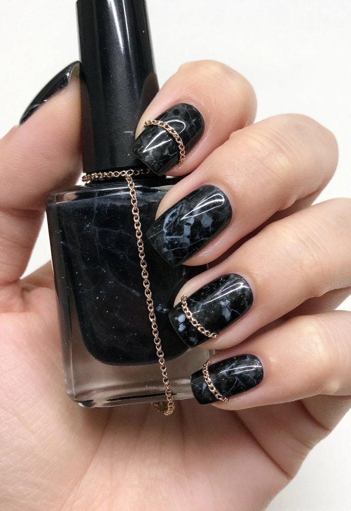 18 Elegant Black Marble Nail Styles That Are Perfect for Any Occasion! - 18. Black Marble with Chic Chains 1