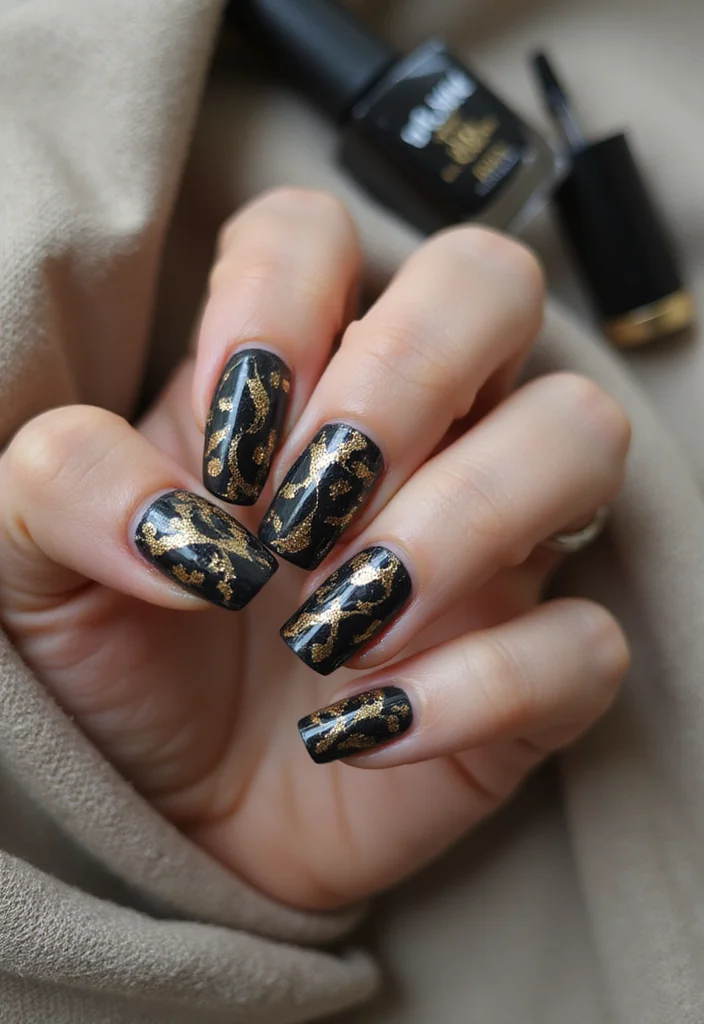 18 Elegant Black Marble Nail Styles That Are Perfect for Any Occasion! - 2. Gold Accented Black Marble 1