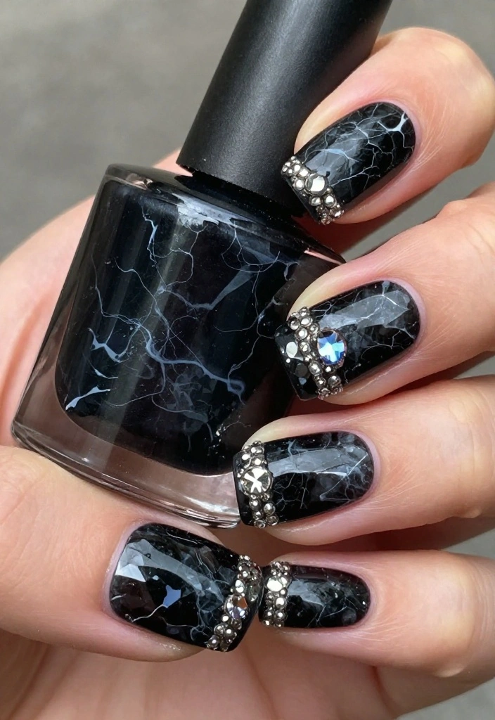 18 Elegant Black Marble Nail Styles That Are Perfect for Any Occasion! - 4. Black Marble with Jewel Accents 1
