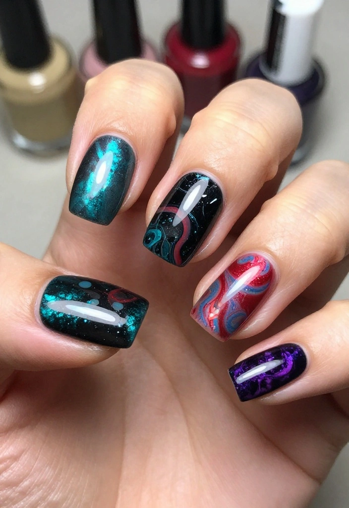 18 Elegant Black Marble Nail Styles That Are Perfect for Any Occasion! - 7. Colorful Marble Mix 1