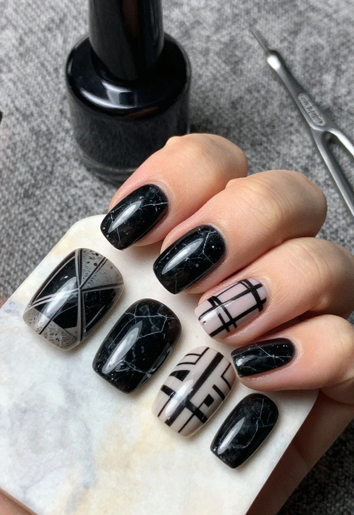 18 Elegant Black Marble Nail Styles That Are Perfect for Any Occasion! - 9. Geometric Black Marble Style 1