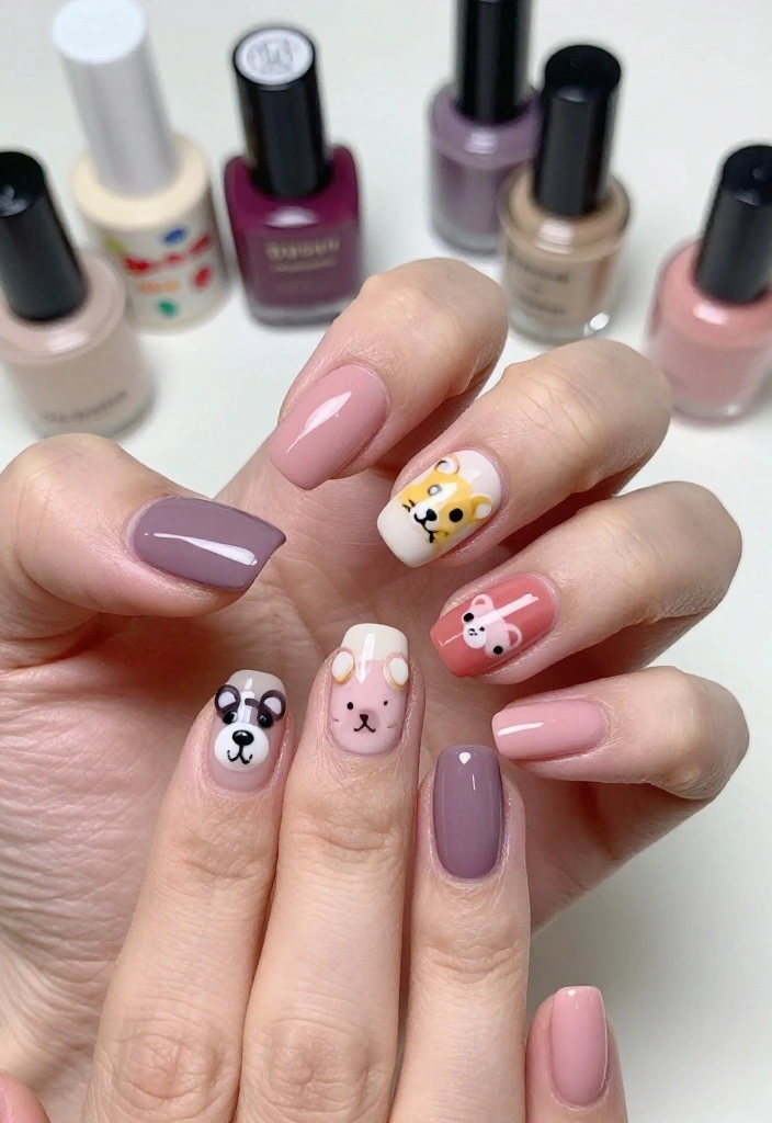 18 Stunning Nail Designs with Subtle Animal Prints & Polka Dots You Must Try! - 11. Whimsical Animal Faces 1
