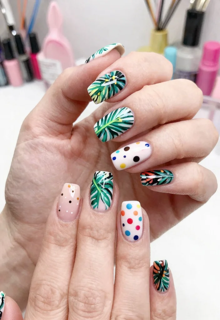 18 Stunning Nail Designs with Subtle Animal Prints & Polka Dots You Must Try! - 14. Tropical Prints with Polka Dots 1