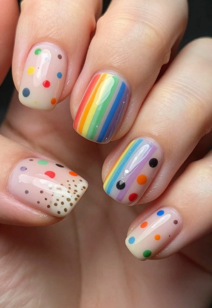 18 Stunning Nail Designs with Subtle Animal Prints & Polka Dots You Must Try! - 18. Rainbow Dots with Animal Touches 1
