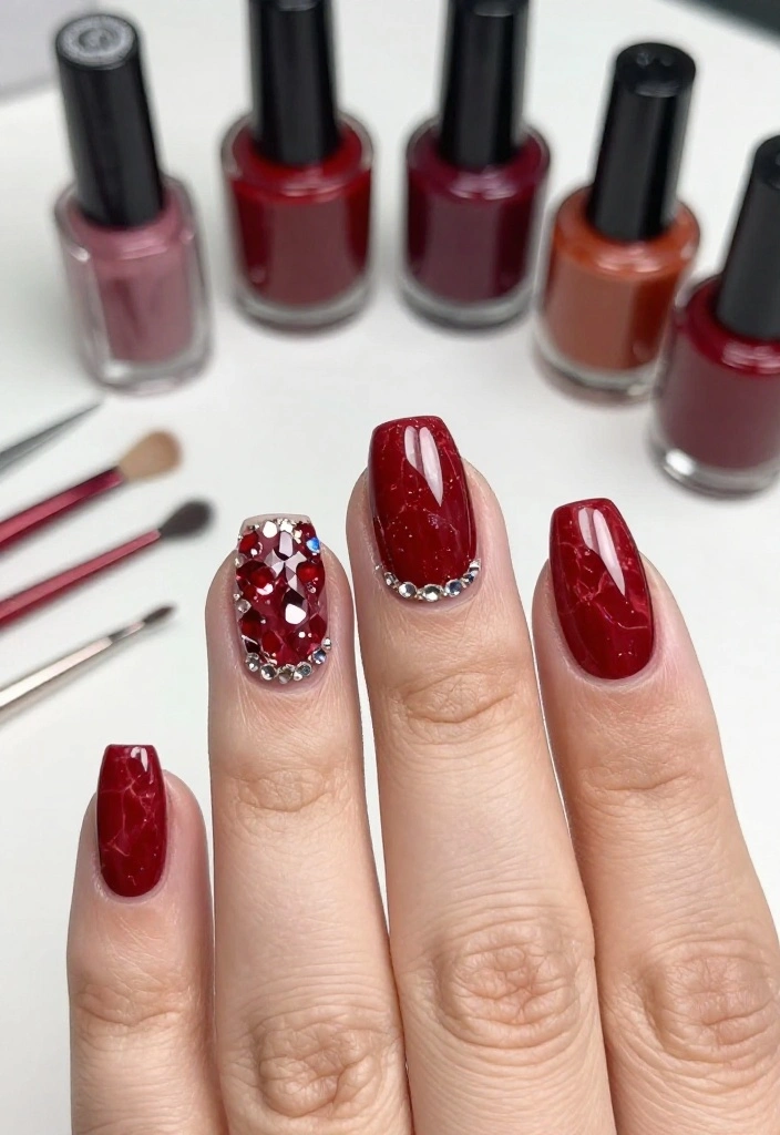 19 Red Marble Nail Trends You’ll Wish You Knew Sooner! 19 Red Marble Nail Trends You’ll Wish You Knew Sooner! - 12. Sparkling Red Marble Gems 1