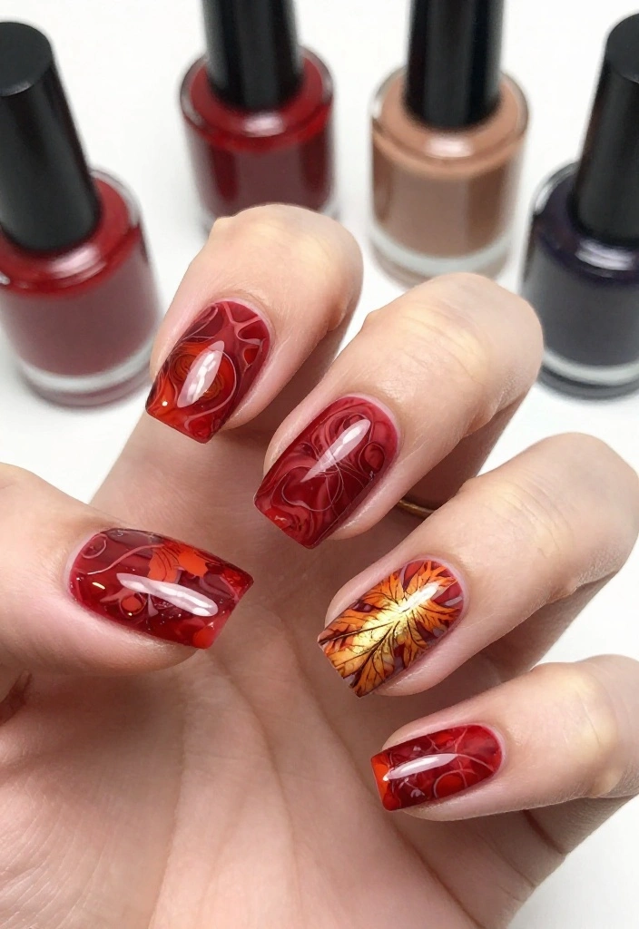 19 Red Marble Nail Trends You’ll Wish You Knew Sooner! 19 Red Marble Nail Trends You’ll Wish You Knew Sooner! - 5. Seasonal Red Marble Leaves 1