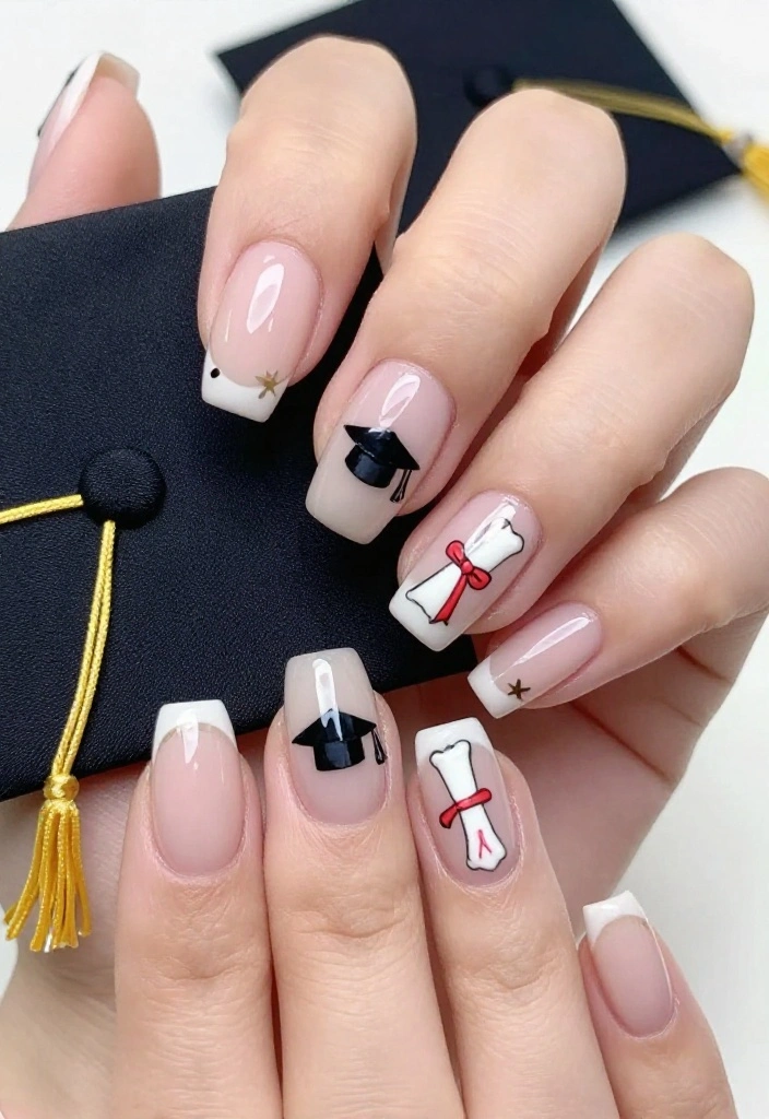 25 Stunning Graduation Nail Ideas That'll Make You the Star of the Ceremony! - 25. Graduation Cap Accents 1