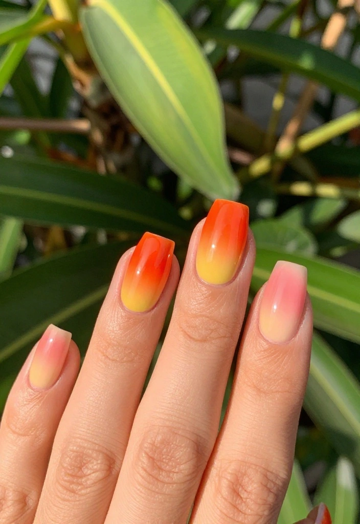 25 Stunning Summer Nail Ideas That'll Make You Want to Show Off Your Hands! 25 Stunning Summer Nail Ideas That'll Make You Want to Show Off Your Hands! - 1. Tropical Sunset Ombre 1