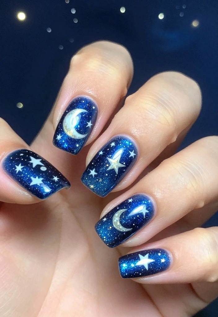 25 Stunning Summer Nail Ideas That'll Make You Want to Show Off Your Hands! 25 Stunning Summer Nail Ideas That'll Make You Want to Show Off Your Hands! - 14. Sparkling Starry Night 1