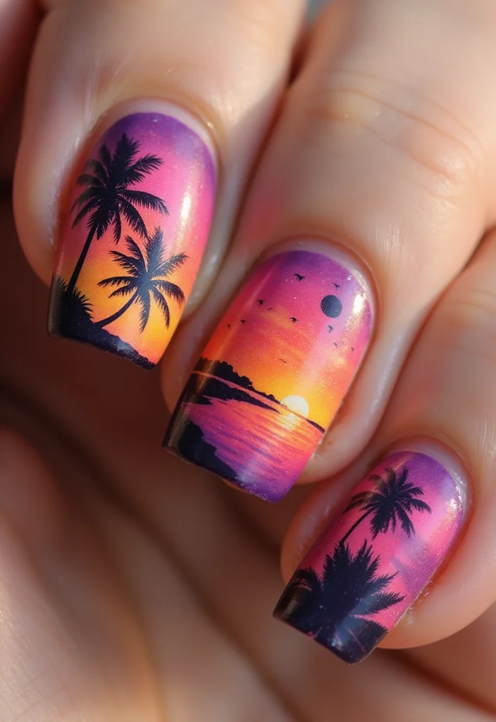 25 Stunning Summer Nail Ideas That'll Make You Want to Show Off Your Hands! 25 Stunning Summer Nail Ideas That'll Make You Want to Show Off Your Hands! - 20. Sunset Palms 1