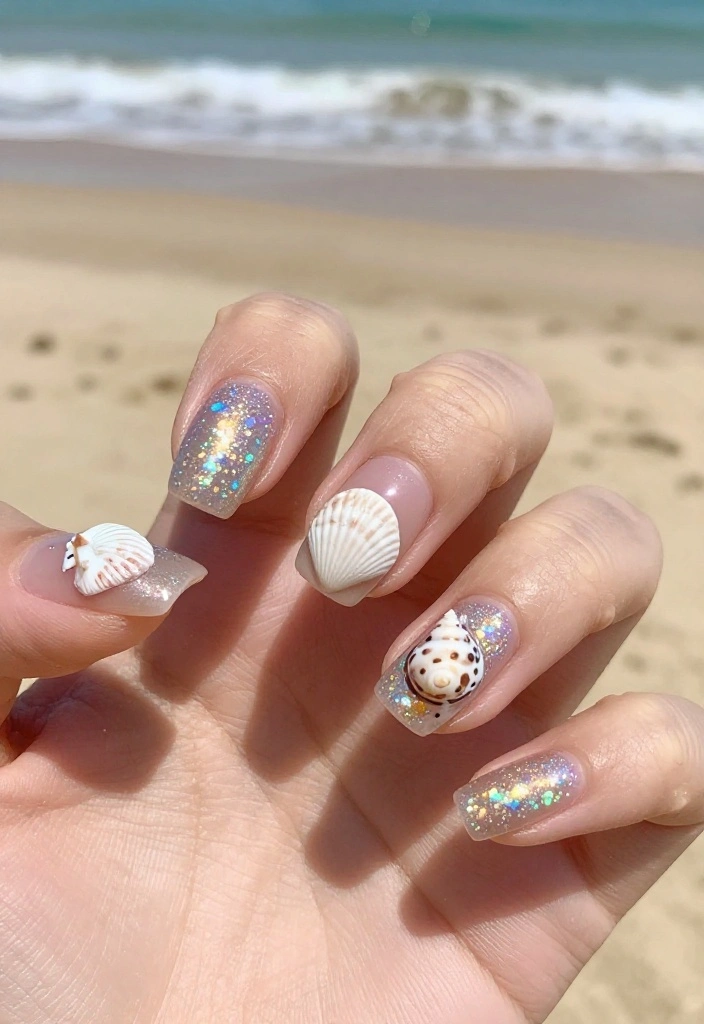 25 Stunning Summer Nail Ideas That'll Make You Want to Show Off Your Hands! 25 Stunning Summer Nail Ideas That'll Make You Want to Show Off Your Hands! - 9. Glittering Seashells 1