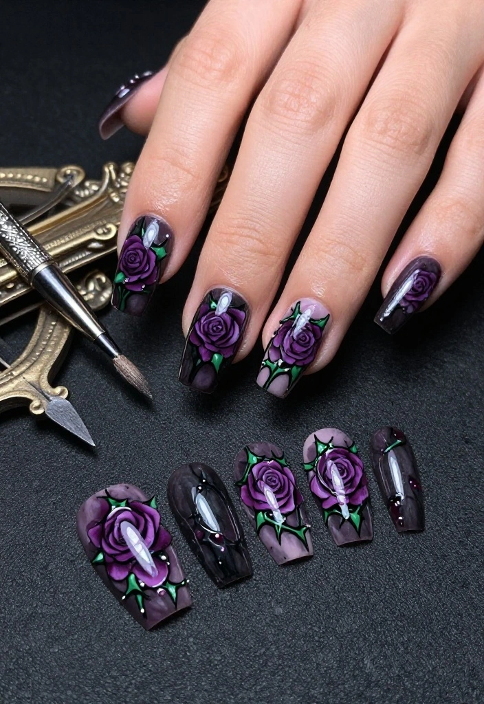 15 Creative Gothic Nail Art Inspirations to Transform Your Look This Season! 15 Creative Gothic Nail Art Inspirations to Transform Your Look This Season! - 1. Dark Floral Fantasy 1