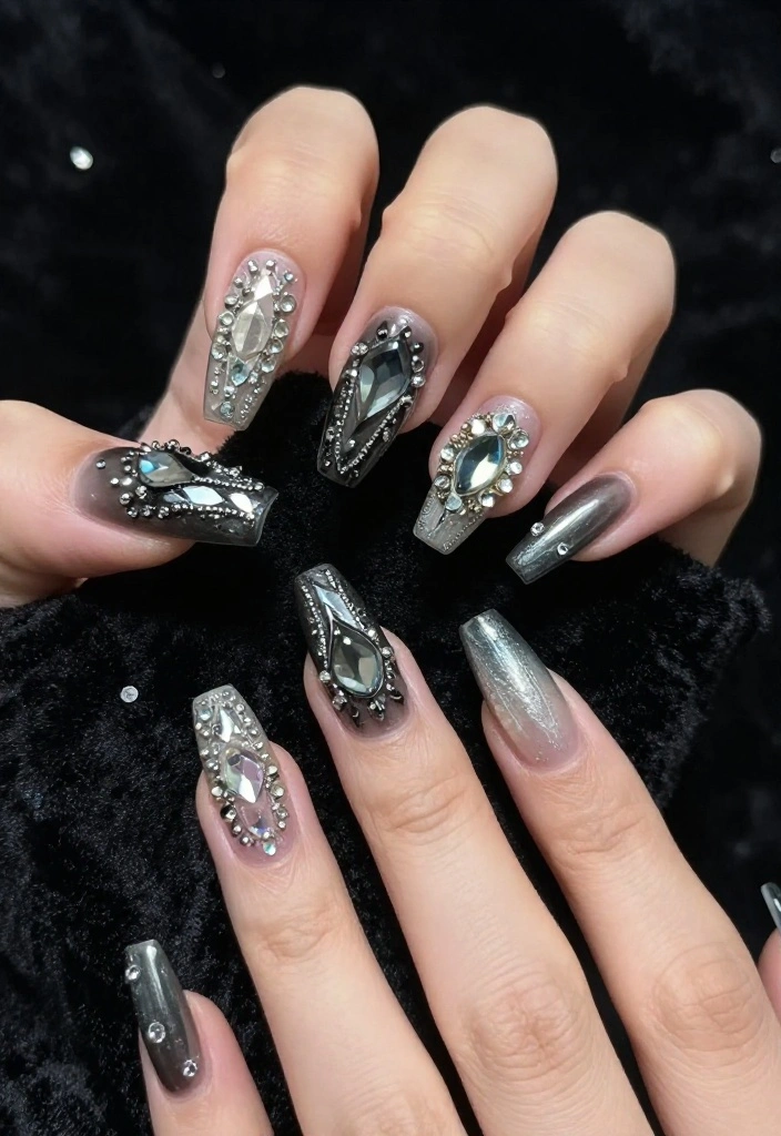 15 Creative Gothic Nail Art Inspirations to Transform Your Look This Season! 15 Creative Gothic Nail Art Inspirations to Transform Your Look This Season! - 10. Crystal and Gemstone Accents 1
