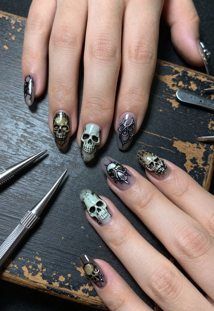 15 Creative Gothic Nail Art Inspirations to Transform Your Look This Season! 15 Creative Gothic Nail Art Inspirations to Transform Your Look This Season! - 14. Rustic Skull Art 1