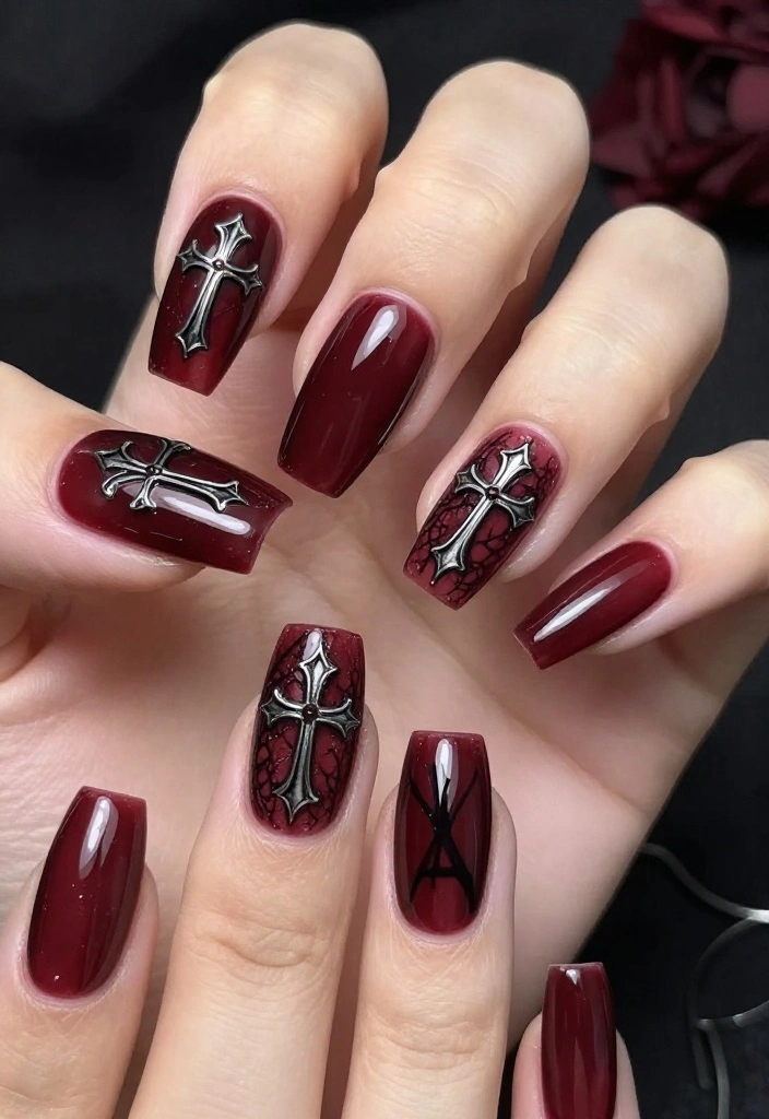 15 Creative Gothic Nail Art Inspirations to Transform Your Look This Season! 15 Creative Gothic Nail Art Inspirations to Transform Your Look This Season! - 15. Elegant Cross Designs 1