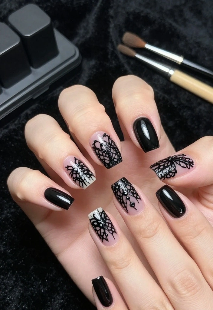 15 Creative Gothic Nail Art Inspirations to Transform Your Look This Season! 15 Creative Gothic Nail Art Inspirations to Transform Your Look This Season! - 2. Edgy Black Lace 1