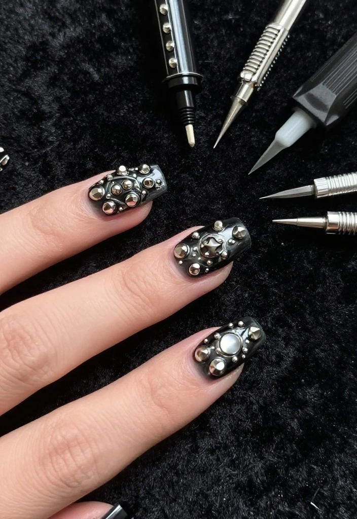 15 Creative Gothic Nail Art Inspirations to Transform Your Look This Season! 15 Creative Gothic Nail Art Inspirations to Transform Your Look This Season! - 6. Metallic Accents 1