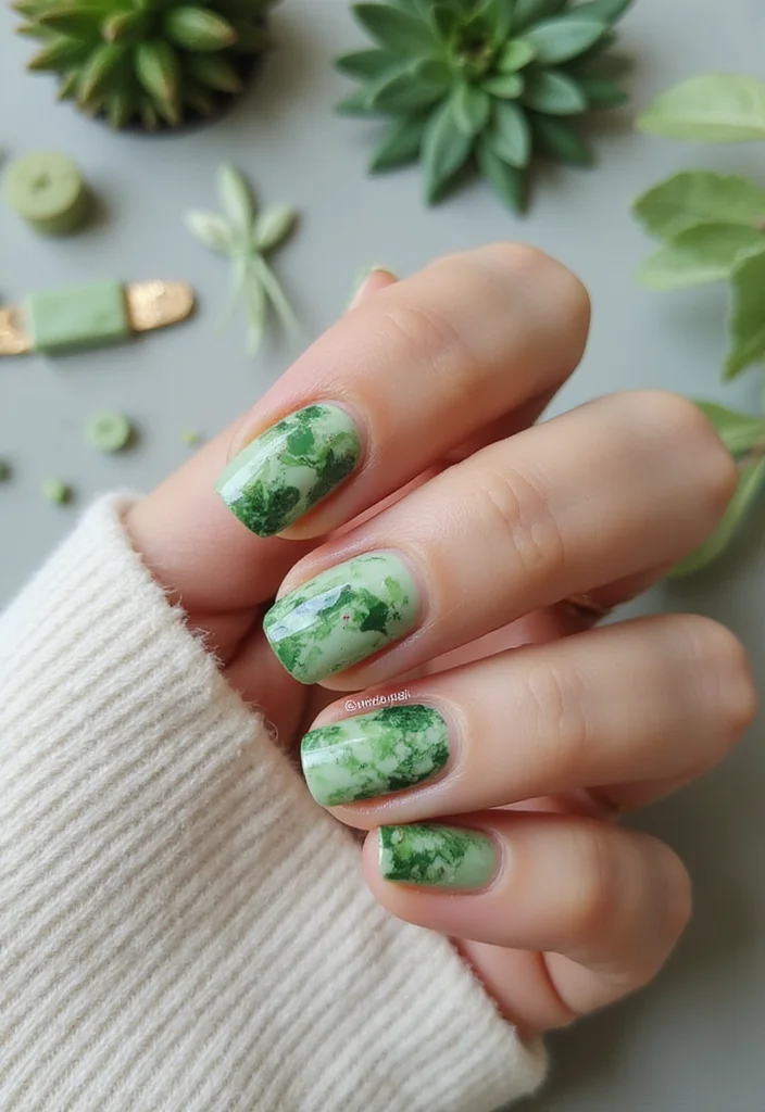 15 Eye-Catching Green Marble Nail Designs You Need to Try Right Now! 15 Eye-Catching Green Marble Nail Designs You Need to Try Right Now! - 11. Leafy Green Patterns 1