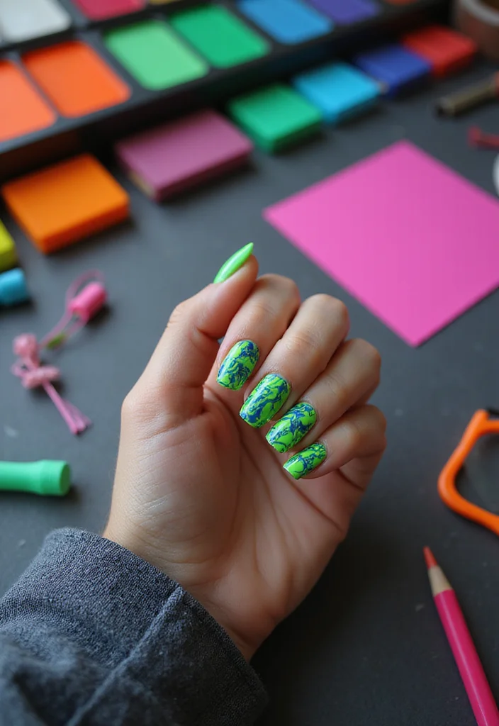 15 Eye-Catching Green Marble Nail Designs You Need to Try Right Now! 15 Eye-Catching Green Marble Nail Designs You Need to Try Right Now! - 12. Neon Green Glam 1
