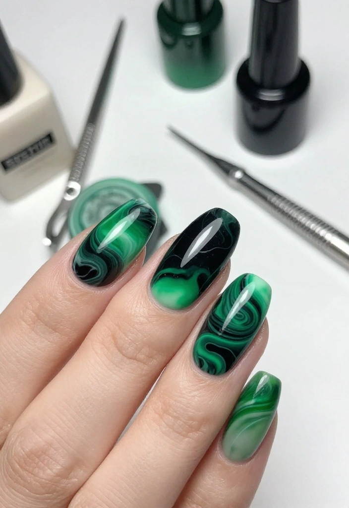 15 Eye-Catching Green Marble Nail Designs You Need to Try Right Now! 15 Eye-Catching Green Marble Nail Designs You Need to Try Right Now! - 4. Bold Green and Black Contrast 1