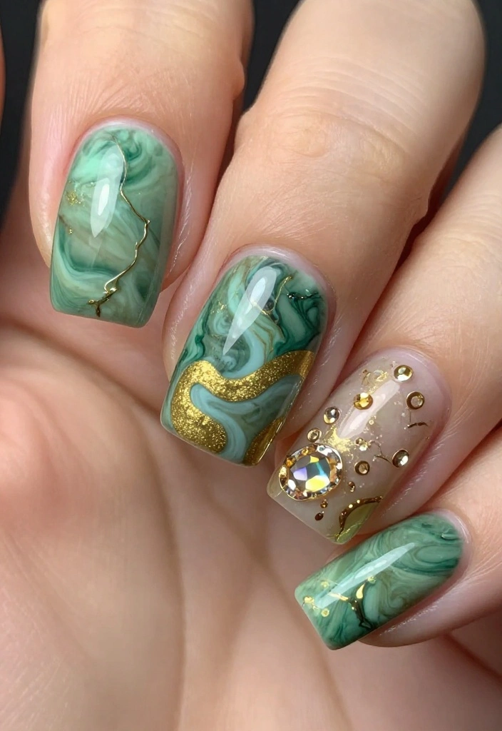 15 Eye-Catching Green Marble Nail Designs You Need to Try Right Now! 15 Eye-Catching Green Marble Nail Designs You Need to Try Right Now! - 5. Earthy Green and Gold Fusion 1