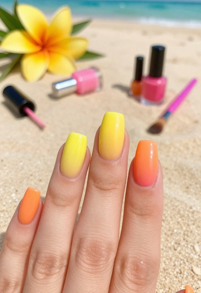 17 Tropical Nail Ideas That'll Transport You to Paradise (Number #9 Is a Must-See!) 17 Tropical Nail Ideas That'll Transport You to Paradise (Number #9 Is a Must-See!) - 1. Sunset Ombre Bliss 1