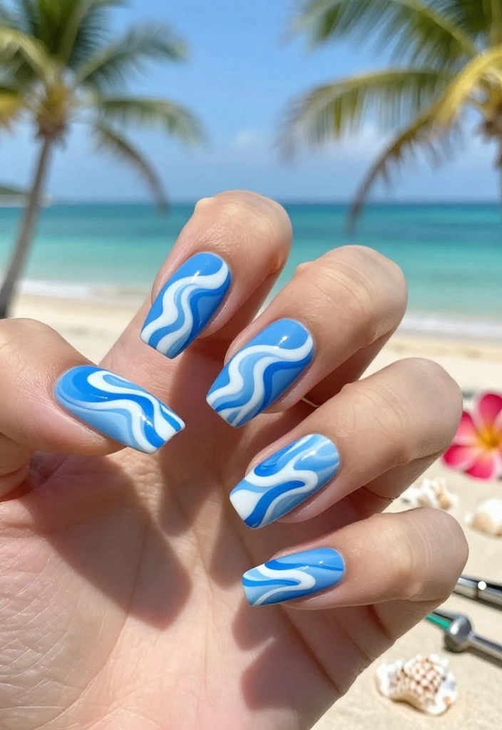 17 Tropical Nail Ideas That'll Transport You to Paradise (Number #9 Is a Must-See!) 17 Tropical Nail Ideas That'll Transport You to Paradise (Number #9 Is a Must-See!) - 11. Wave Patterns 1