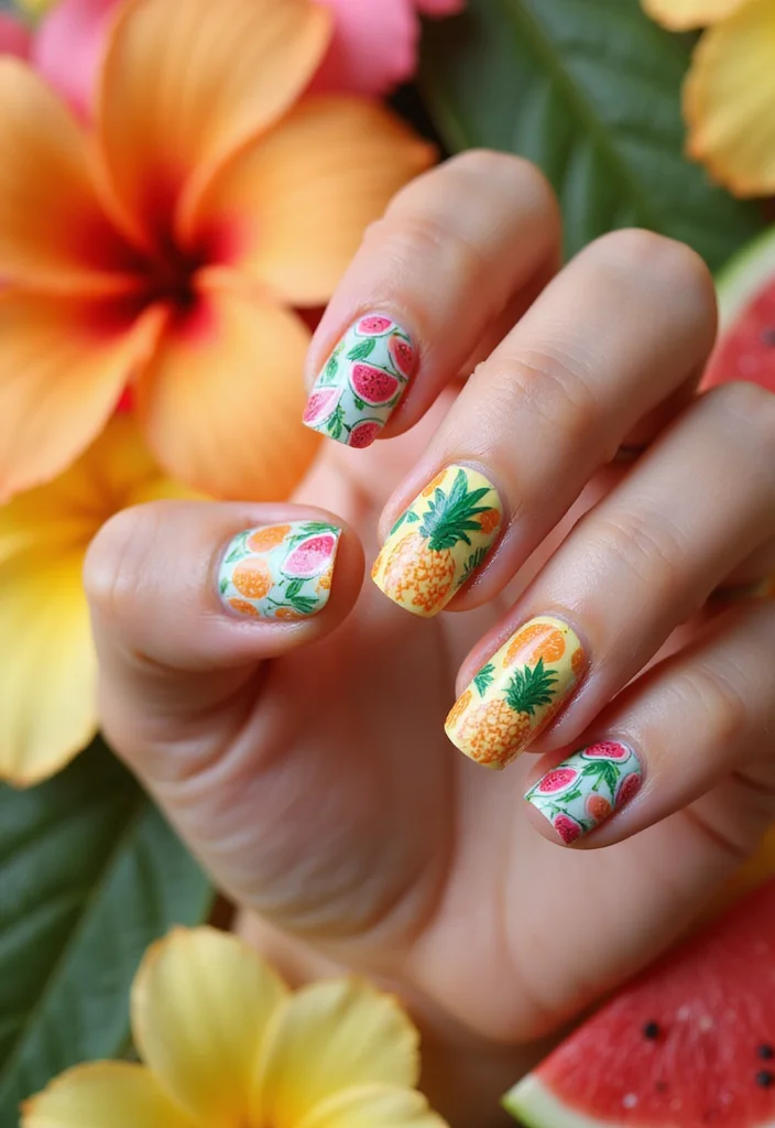 17 Tropical Nail Ideas That'll Transport You to Paradise (Number #9 Is a Must-See!) 17 Tropical Nail Ideas That'll Transport You to Paradise (Number #9 Is a Must-See!) - 12. Colorful Fruit Medley 1