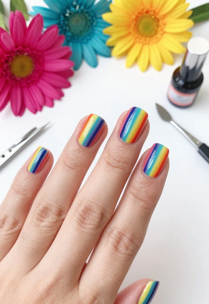 17 Tropical Nail Ideas That'll Transport You to Paradise (Number #9 Is a Must-See!) 17 Tropical Nail Ideas That'll Transport You to Paradise (Number #9 Is a Must-See!) - 13. Bright Rainbow Stripes 1