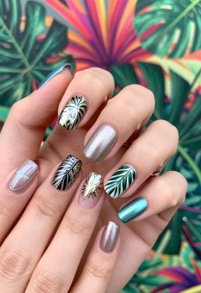 17 Tropical Nail Ideas That'll Transport You to Paradise (Number #9 Is a Must-See!) 17 Tropical Nail Ideas That'll Transport You to Paradise (Number #9 Is a Must-See!) - 15. Metallic Tropical Twist 1