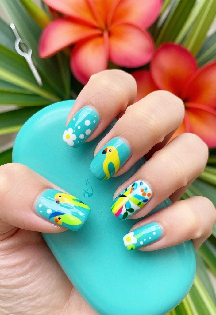 17 Tropical Nail Ideas That'll Transport You to Paradise (Number #9 Is a Must-See!) 17 Tropical Nail Ideas That'll Transport You to Paradise (Number #9 Is a Must-See!) - 7. Classic Tropical Parrots 1