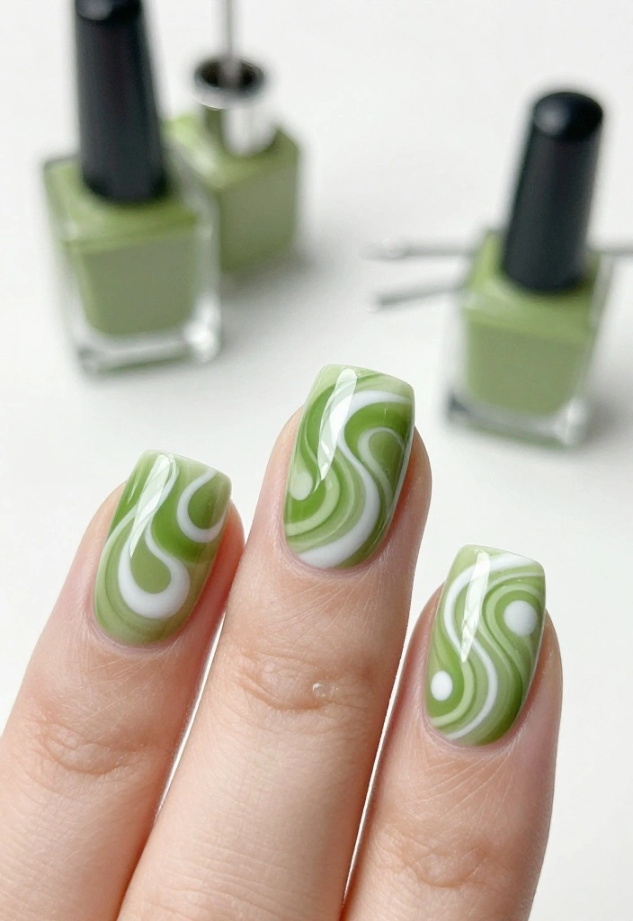 18 Bold Matcha Green Nail Ideas That Will Turn Heads Everywhere You Go! - 13. Matcha Swirl Designs 1