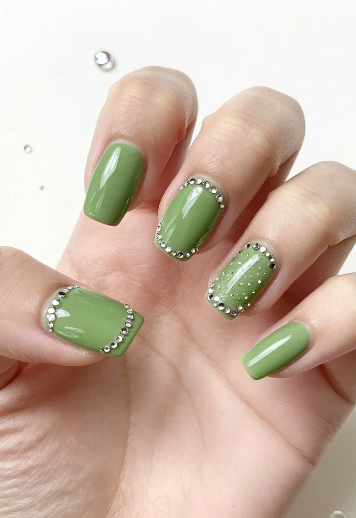 18 Bold Matcha Green Nail Ideas That Will Turn Heads Everywhere You Go! - 16. Matcha with Rhinestones 1