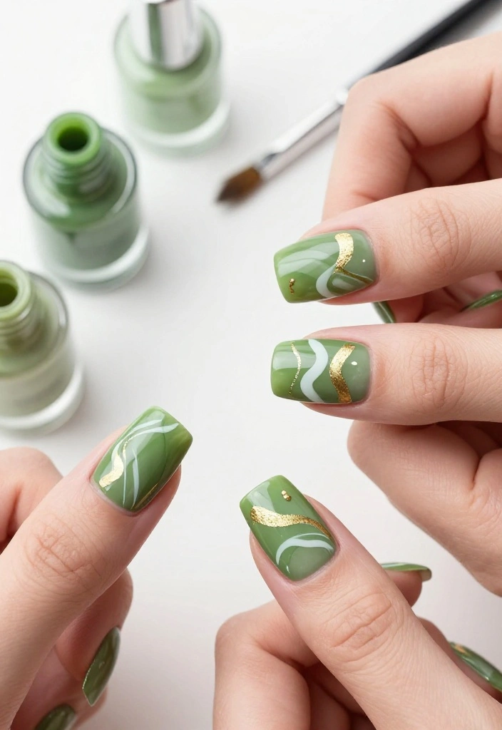 18 Bold Matcha Green Nail Ideas That Will Turn Heads Everywhere You Go! - 17. Abstract Brush Stroke Matcha Nails 1