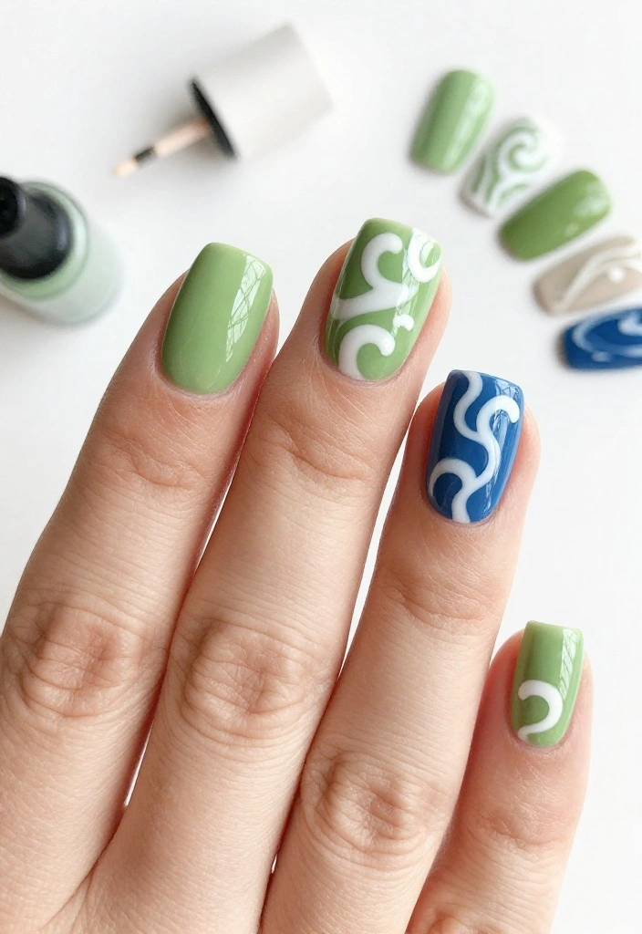 18 Bold Matcha Green Nail Ideas That Will Turn Heads Everywhere You Go! - 18. Matcha Wave Designs 1