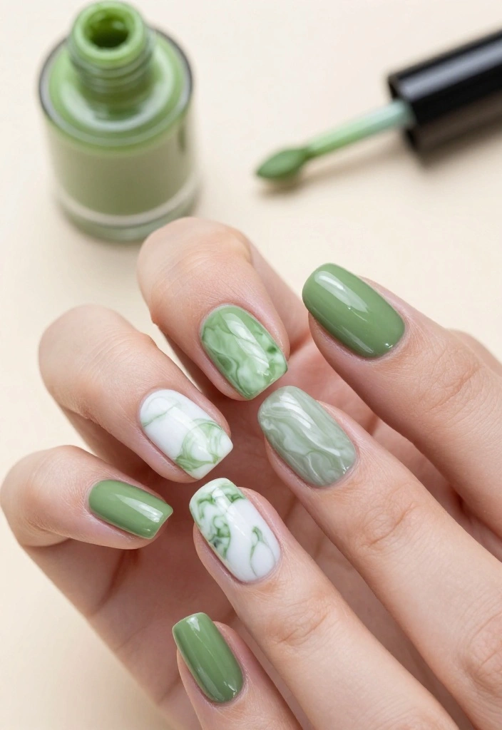 18 Bold Matcha Green Nail Ideas That Will Turn Heads Everywhere You Go! - 3. Matcha Marble Nails 1