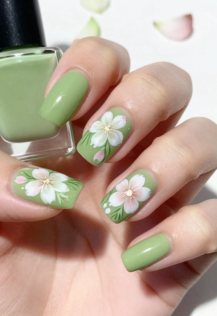 18 Bold Matcha Green Nail Ideas That Will Turn Heads Everywhere You Go! - 4. Matcha Floral Accents 1